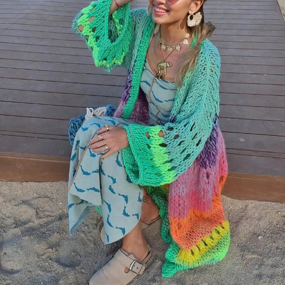 Multicolor Boho Women's Handknitted Bell Sleeve Crochet Kimono Cardigan - Picture 4 of 5